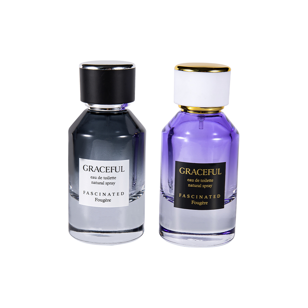 GC4416-WJ2098 50ml Päällystetty painettu lasinen hajuvesipullo nahalla, ABS-muovikorkki, UV-suojattu PP-vuori