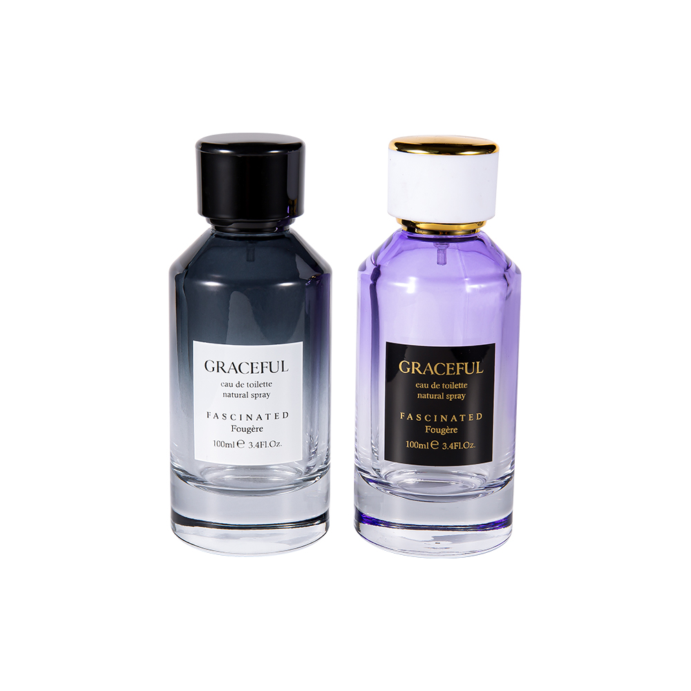 GC4418-WJ2098 100ml Väripinnoitettu painettu lasihajuvesipullo nahkaisella ABS-muovikorkilla ja UV-PP-vuorella