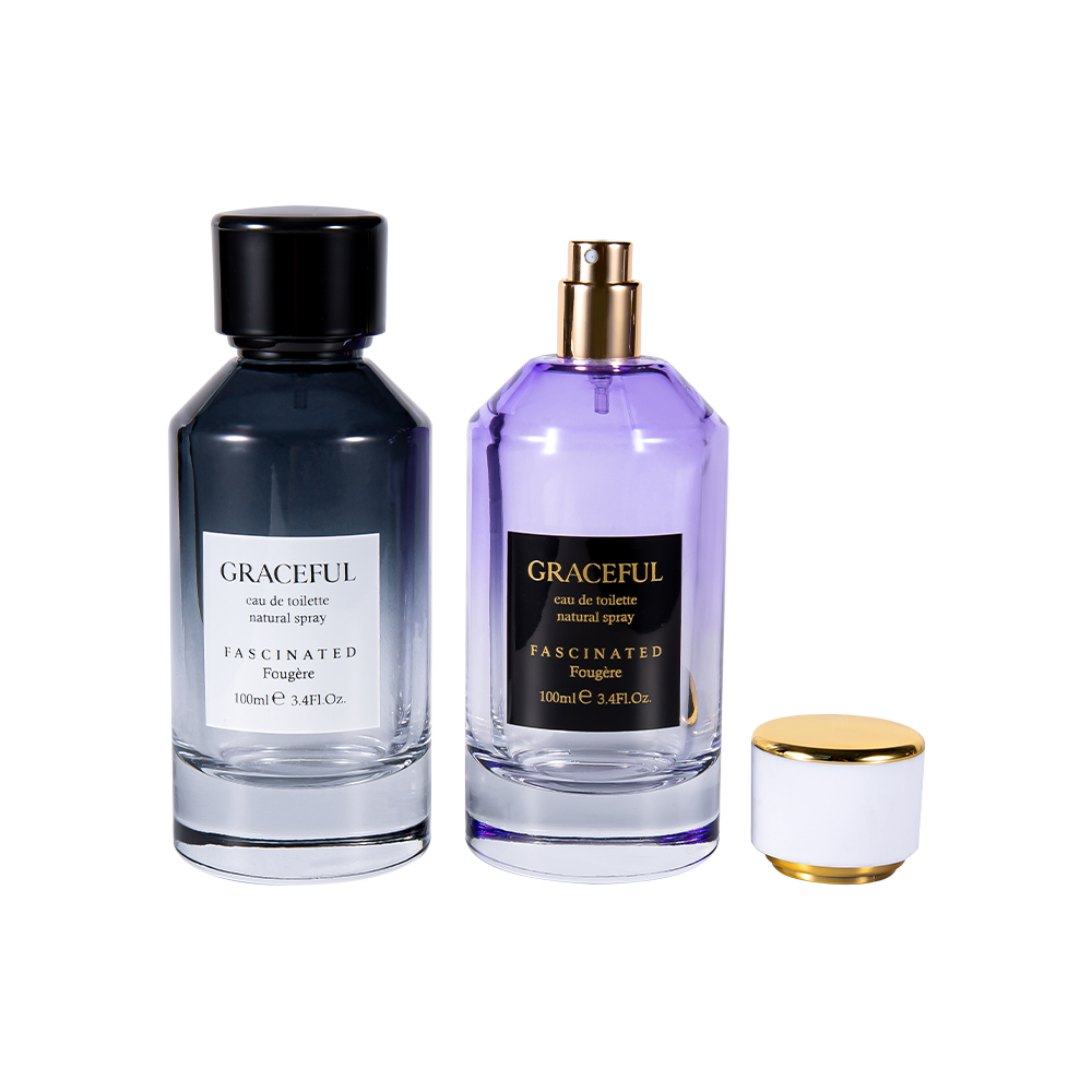 GC4418-WJ2098 100ml Väripinnoitettu painettu lasihajuvesipullo nahkaisella ABS-muovikorkilla ja UV-PP-vuorella