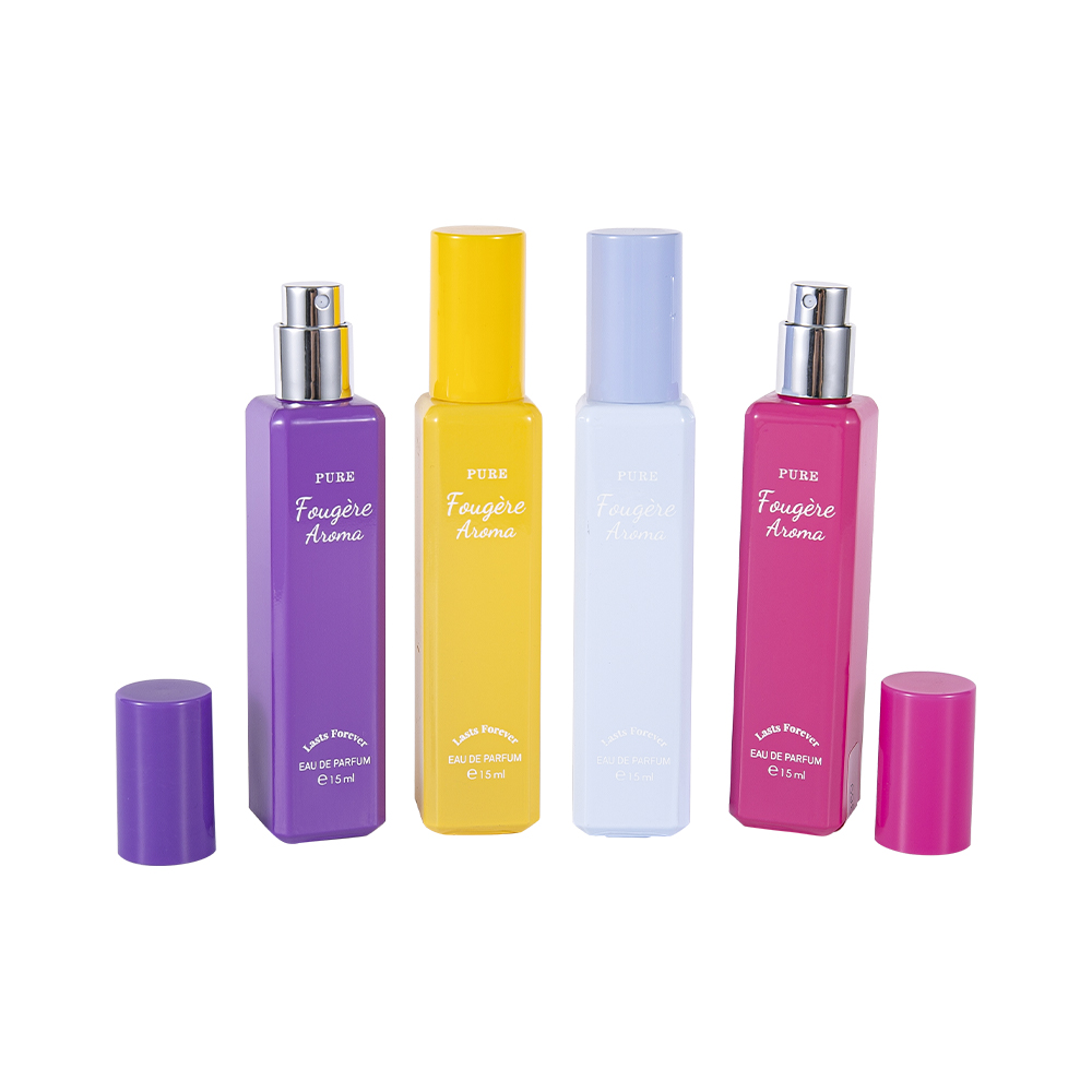 GC4222-WJ2369 15 ml:n pieni tilavuus päällystetty lasinen hajuvesipullo värikkäällä PP-muovikorkilla