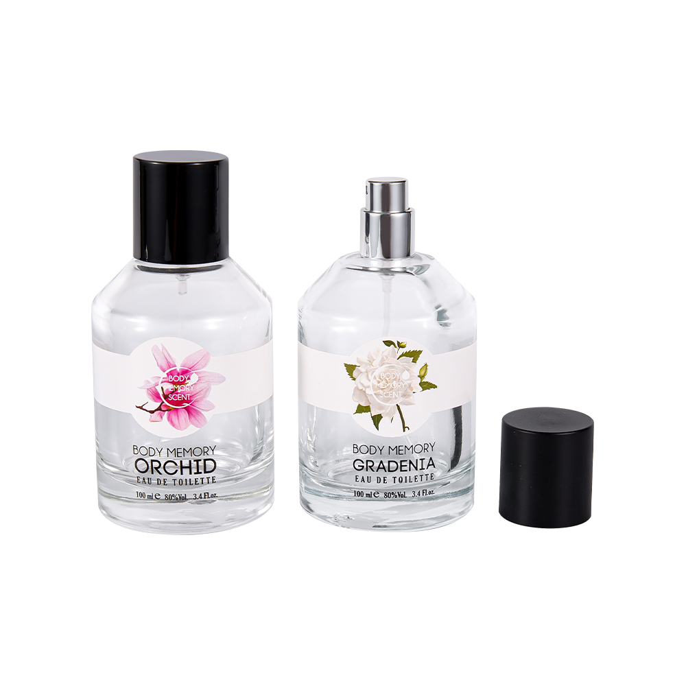 KY1603-WJ2388 100 ml painettu lasillinen hajuvesipullo sylinterimäisellä kiiltävällä mattamustalla PP-korkilla