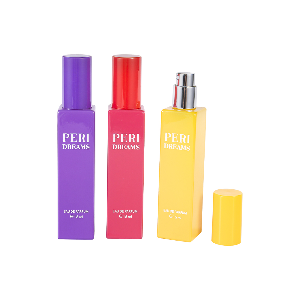 GC4421-WJ2369B 15 ml:n pieni tilavuus päällystetty suorakaiteen muotoinen lasihajuvesipullo, jossa sylinterimäinen PP-korkki