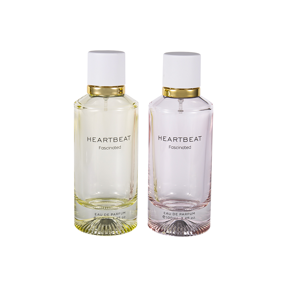 GC4406-WJ2326 100 ml kuviollinen pohja hajuvesipullo valkoisella hajuvesikorkilla ja suurella alumiinirenkaalla